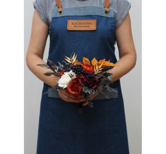 Purple, Black, Rust, and Gold Halloween Wedding Bouquets – Bridal and Cascading Faux Designs