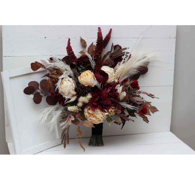 Wedding Bouquets in Burgundy, Brown & Cream | Cascading Bridal & Bridesmaid Faux Bouquets