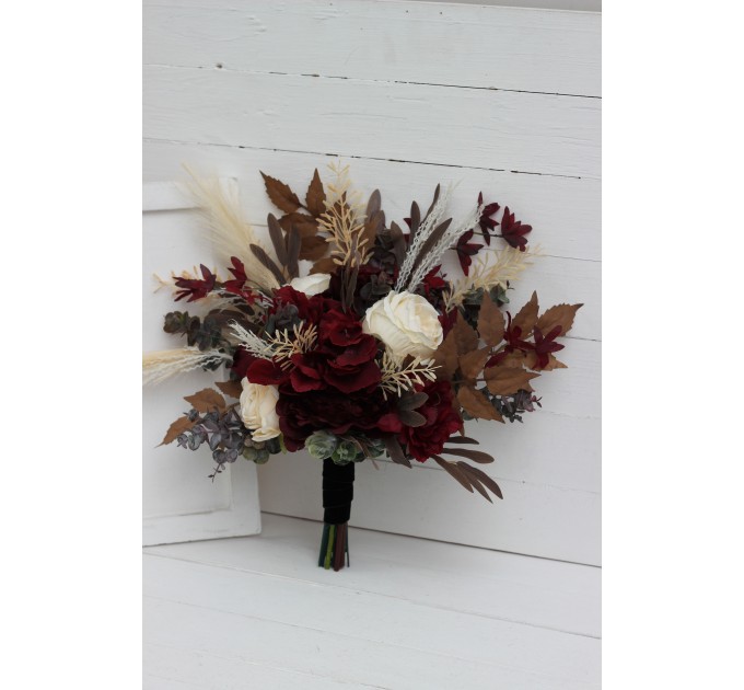 Wedding Bouquets in Burgundy, Brown & Cream | Cascading Bridal & Bridesmaid Faux Bouquets