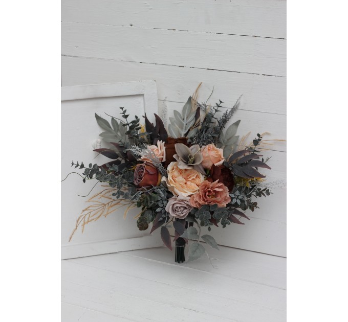 Wedding Bouquets in Gray, Peach & Brown | Faux Bridal & Bridesmaid Bouquets