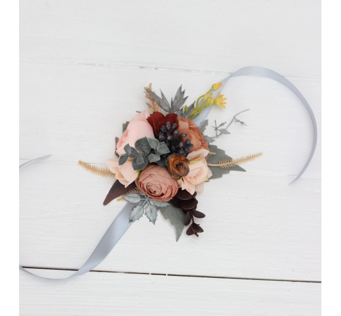 Wedding Boutonnieres & Wrist Corsage in Gray, Peach & Brown | Faux Flower Accessories
