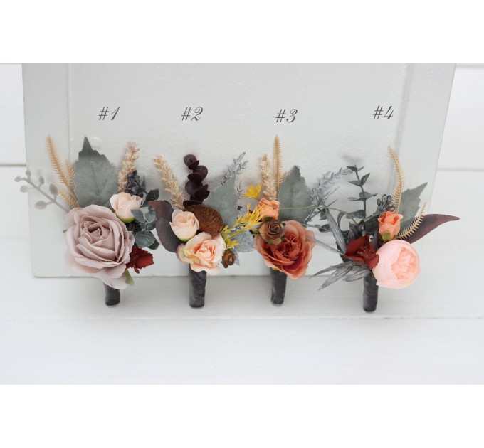 Wedding Boutonnieres & Wrist Corsage in Gray, Peach & Brown | Faux Flower Accessories