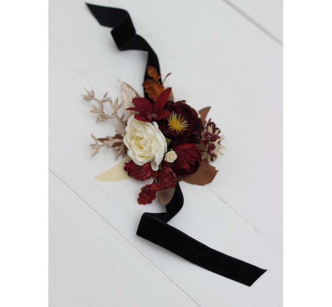 Wedding Boutonnieres & Wrist Corsage in Burgundy, Brown & Cream | Faux Flower Accessories