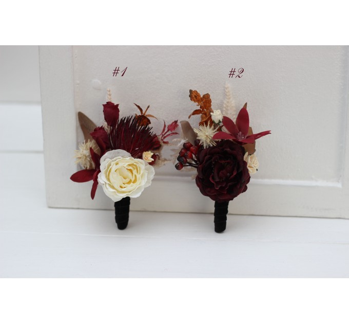 Wedding Boutonnieres & Wrist Corsage in Burgundy, Brown & Cream | Faux Flower Accessories