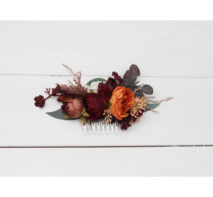 Flower combs in burgundy rust ivory cinnamon color scheme. Wedding accessories for hair. Bridal flower comb. Bridesmaid floral comb 0039