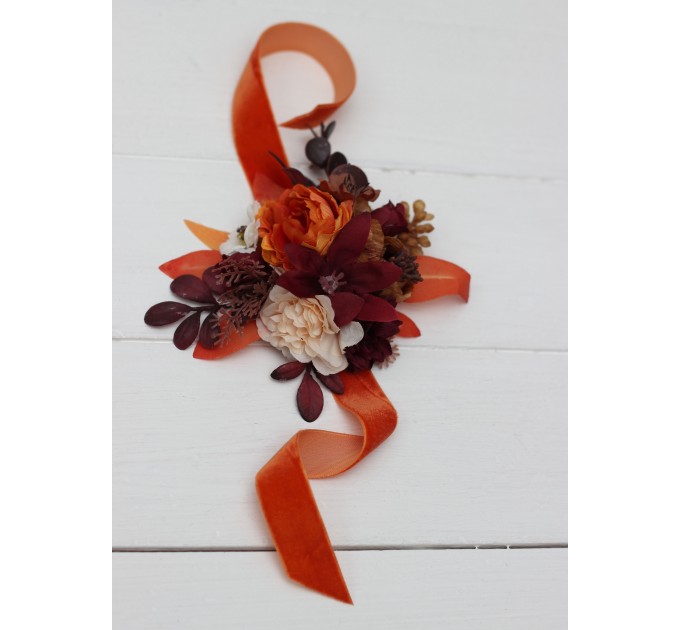 Wedding Boutonnieres & Wrist Corsage in Rust, Burgundy & White | Faux Flower Accessories