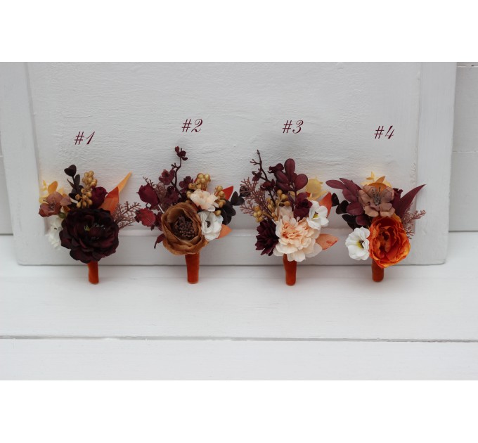 Wedding Boutonnieres & Wrist Corsage in Rust, Burgundy & White | Faux Flower Accessories