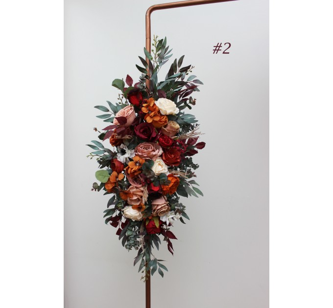 Burgundy, Rust & Ivory Wedding Arch Arrangement | Faux Fall Wedding Archway Flowers