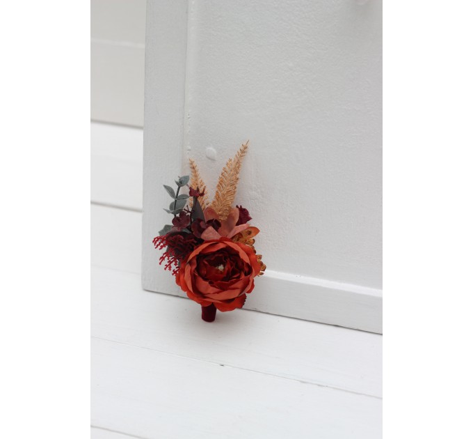 Wedding Boutonnieres & Wrist Corsage in Burnt Orange, Red & Burgundy | Faux Flower Accessories