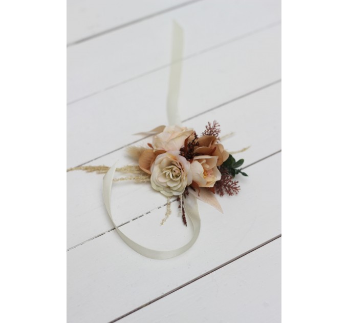  Wedding boutonniere  and wrist corsage  in orange rust peach color scheme. Flower accessories. 5017