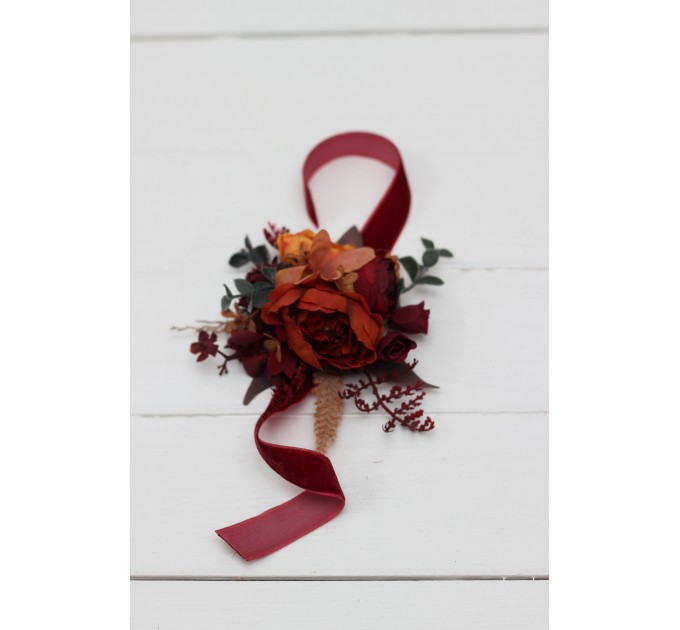 Wedding Boutonnieres & Wrist Corsage in Burnt Orange, Red & Burgundy | Faux Flower Accessories