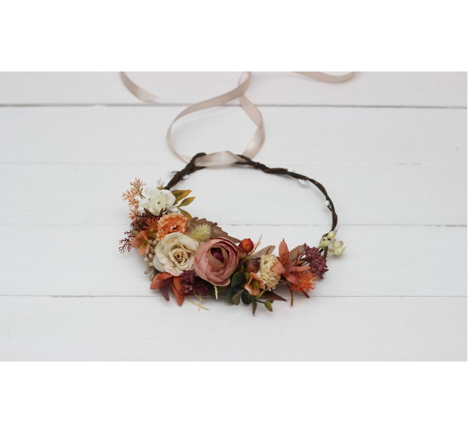 Orange ivory rust terracotta flower crown. Hair wreath. Flower girl crown. Wedding flowers. 0029