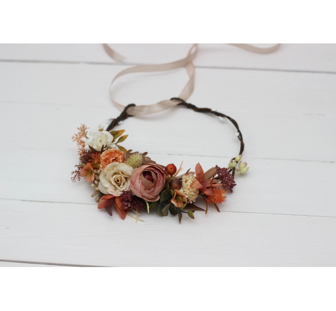 Orange ivory rust terracotta flower crown. Hair wreath. Flower girl crown. Wedding flowers. 0029