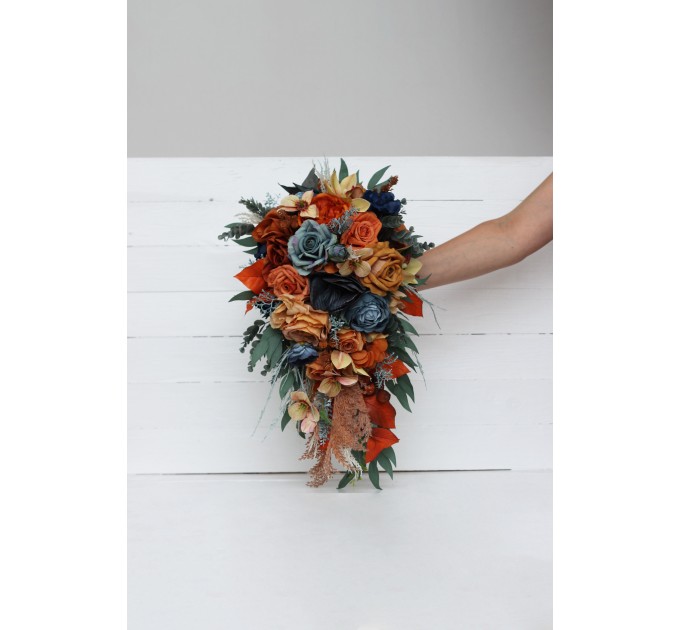 Wedding Bouquets in Dark Teal, Rust & Ivory | Cascading Bridal & Bridesmaid Faux Bouquets