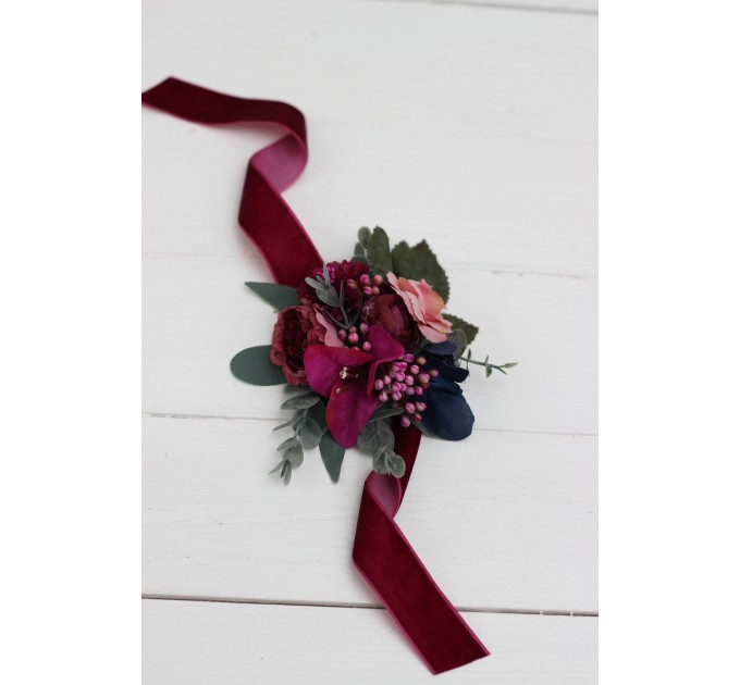 Jewel-Tone Wedding Boutonnieres & Wrist Corsage in Emerald Green, Purple, Magenta & Teal | Faux Flower Accessories