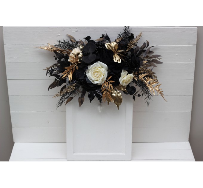 Flower Arch Arrangement in Ivory, Black & Gold | Faux Floral Archway for Wedding