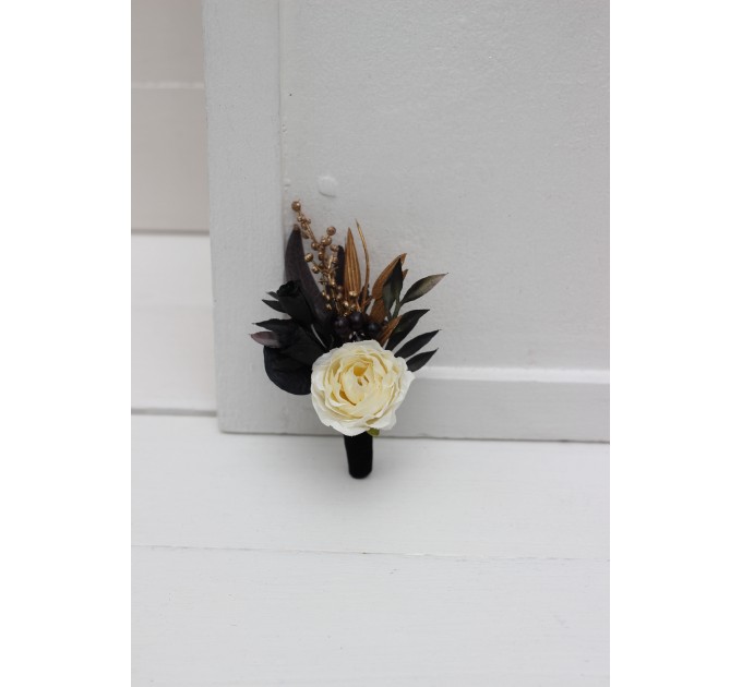 Wedding Boutonnieres & Wrist Corsage in Ivory, Black & Gold | Faux Flower Accessories