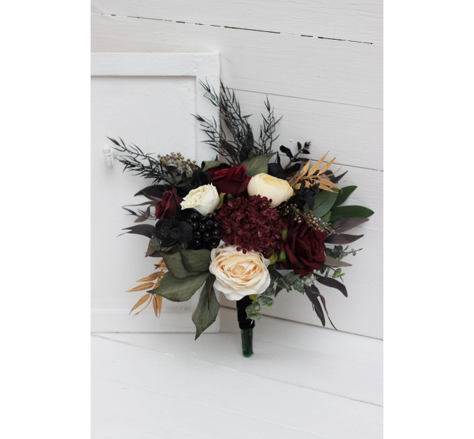 Burgundy, Black, Gold, and Ivory Wedding Bouquets – Bridal and Cascading Faux Bouquets