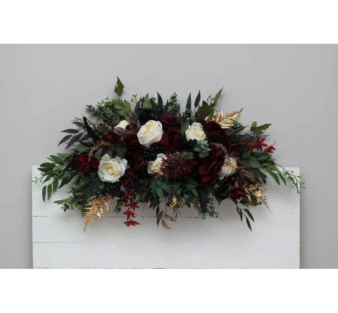 Flower Arch Arrangement in Burgundy, Black, Gold & Ivory | Faux Floral Archway for Wedding