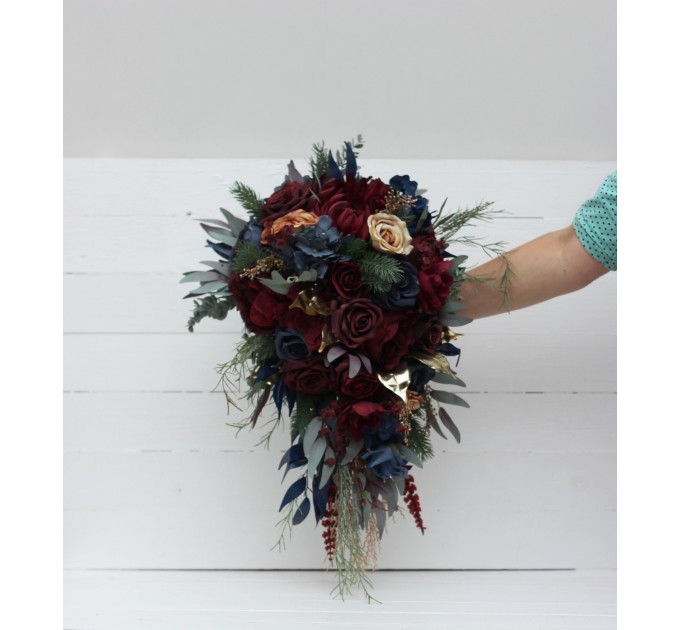 Wedding Bouquets in Burgundy, Navy Blue & Gold | Cascading Bridal & Bridesmaid Faux Bouquets