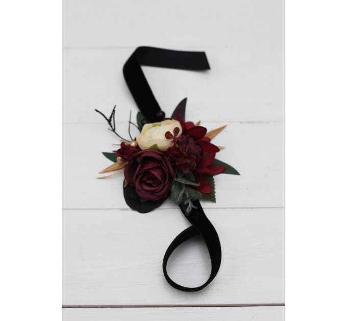 Wedding Boutonnieres & Wrist Corsage in Burgundy, Black, Gold & Ivory | Faux Flower Accessories