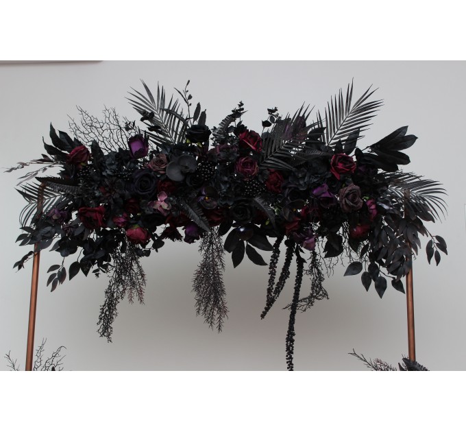 Halloween Wedding Flower Arch Arrangement in Black & Deep Purple | Faux Floral Archway for Gothic Wedding