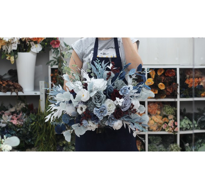 Wedding Bouquets in Dusty Blue, Navy Blue, Burgundy & White | Cascading Bridal & Bridesmaid Faux Bouquets