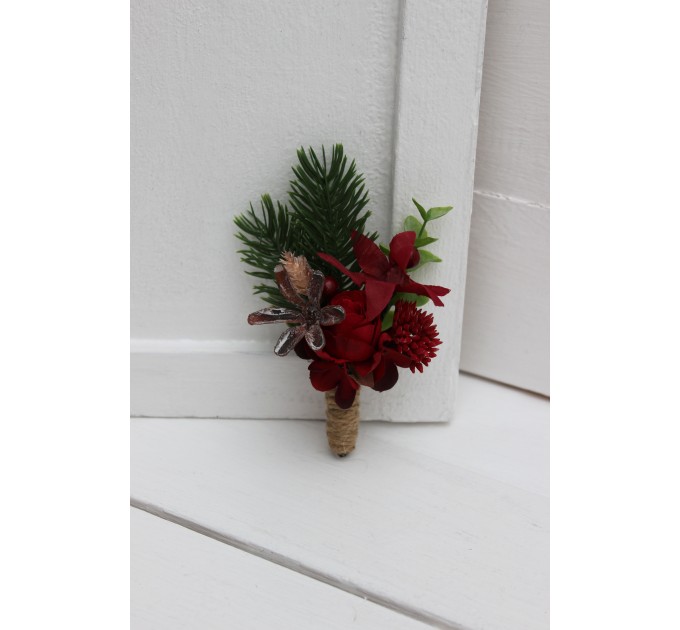 Wedding Boutonnieres & Wrist Corsage in Red & Green | Faux Flower Accessories