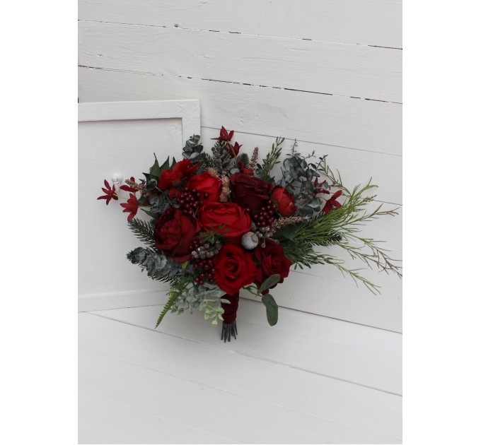 Winter Pine & Red Protea Bridal Bouquet | Faux Cones & Silk Flowers in Red & Green
