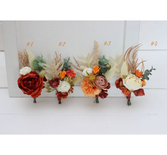 Wedding Boutonnieres & Wrist Corsage in Burnt Orange & Ivory | Faux Flower Accessories
