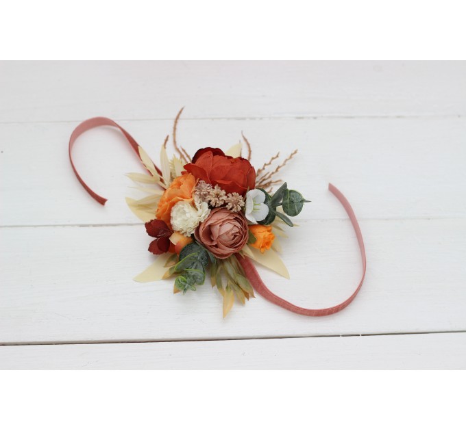 Wedding Boutonnieres & Wrist Corsage in Burnt Orange & Ivory | Faux Flower Accessories