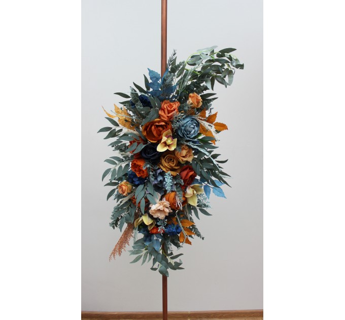 Flower Arch Arrangement in Dark Teal, Rust & Ivory | Faux Navy Blue & Orange Wedding Arch Flowers