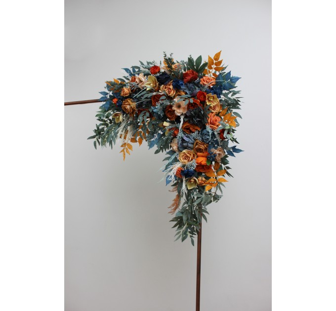 Flower Arch Arrangement in Dark Teal, Rust & Ivory | Faux Navy Blue & Orange Wedding Arch Flowers