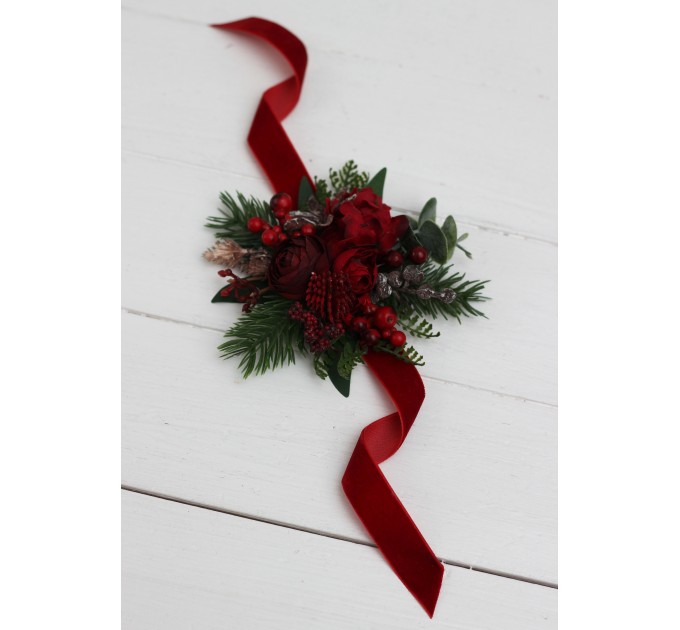 Wedding Boutonnieres & Wrist Corsage in Red & Green | Faux Flower Accessories