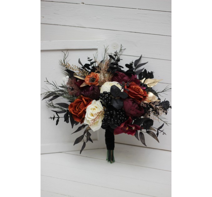Purple, Black, Rust, and Gold Halloween Wedding Bouquets – Bridal and Cascading Faux Designs