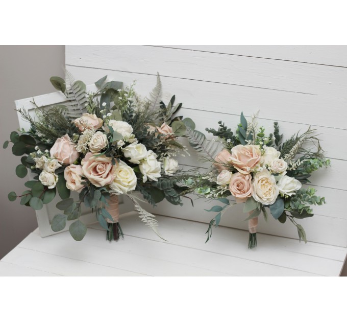 Wedding bouquets in beige white blush pink colors. Bridal bouquet. Faux bouquet. Bridesmaid bouquet. 0028