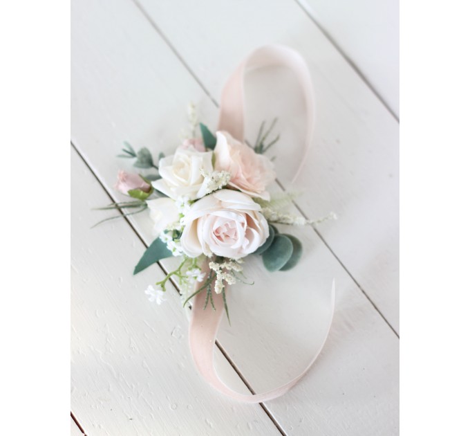 Wedding Boutonnieres & Wrist Corsage in Beige, White & Blush Pink | Faux Flower Accessories