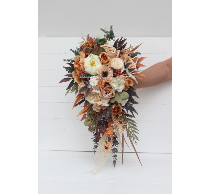 Boho Bouquet with Pampas Grass in Orange, Ivory, Rust & Terracotta | Cascading Bridal & Bridesmaid Bouquets