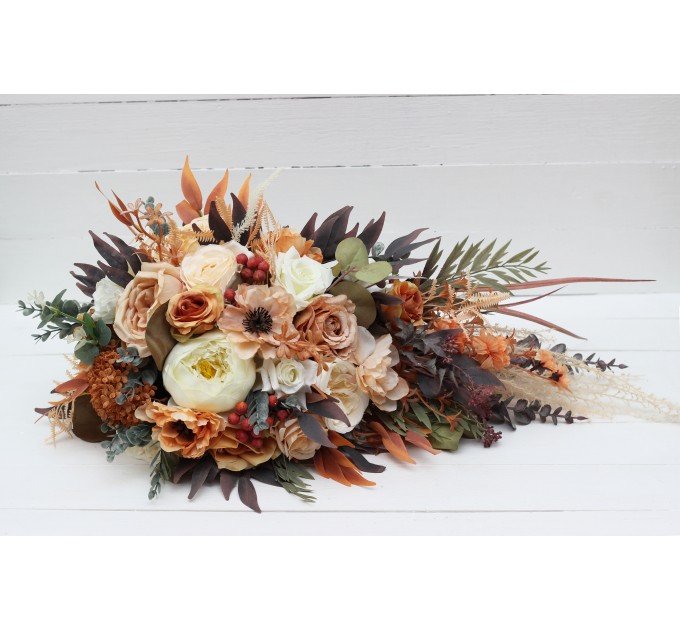 Boho Bouquet with Pampas Grass in Orange, Ivory, Rust & Terracotta | Cascading Bridal & Bridesmaid Bouquets
