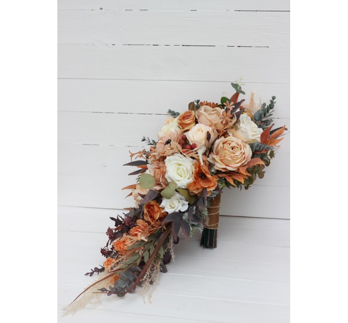 Boho Bouquet with Pampas Grass in Orange, Ivory, Rust & Terracotta | Cascading Bridal & Bridesmaid Bouquets