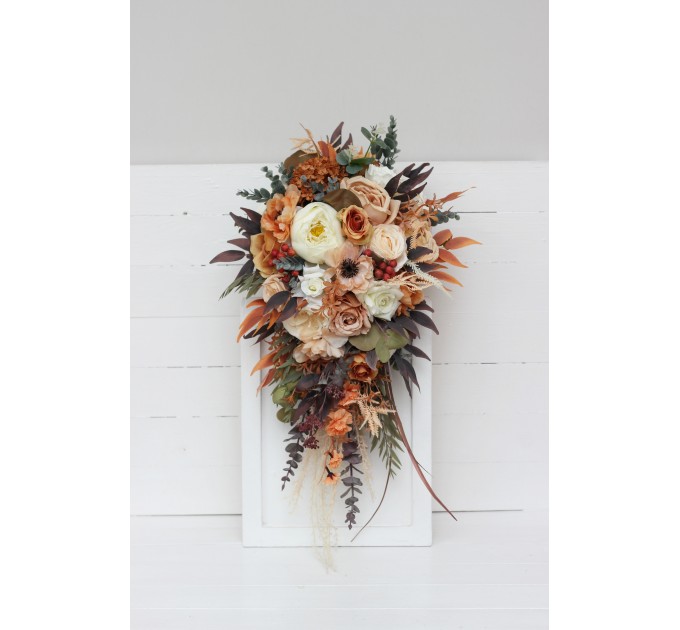 Boho Bouquet with Pampas Grass in Orange, Ivory, Rust & Terracotta | Cascading Bridal & Bridesmaid Bouquets