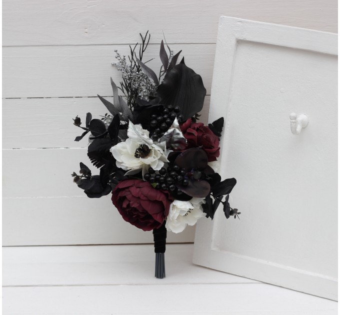 Faux bouquet. Deep purple black silver white anemone flowers. Fall bridal bouquet. Faux bouquet. Halloween wedding. 5125