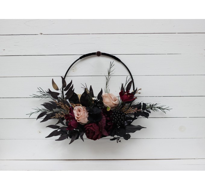 Flower hoop in deep purple black gold beige colors. Alternative bridesmaid bouquet. Halloween wedding. 5194