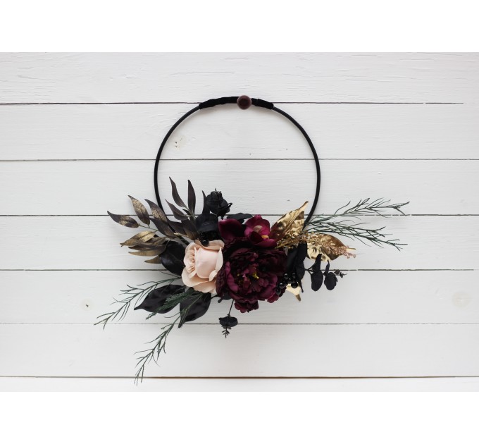 Flower hoop in deep purple black gold beige colors. Alternative bridesmaid bouquet. Halloween wedding. 5194