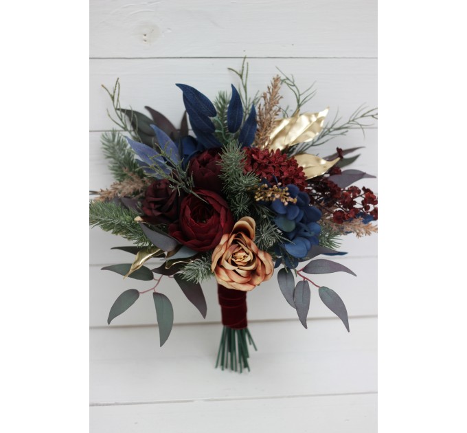 Wedding Bouquets in Burgundy, Navy Blue & Gold | Cascading Bridal & Bridesmaid Faux Bouquets