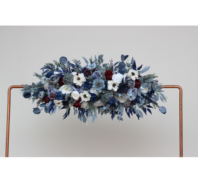 Flower Arch Arrangement in Dusty Blue, Navy Blue, Burgundy & White | Faux Floral Archway for Wedding