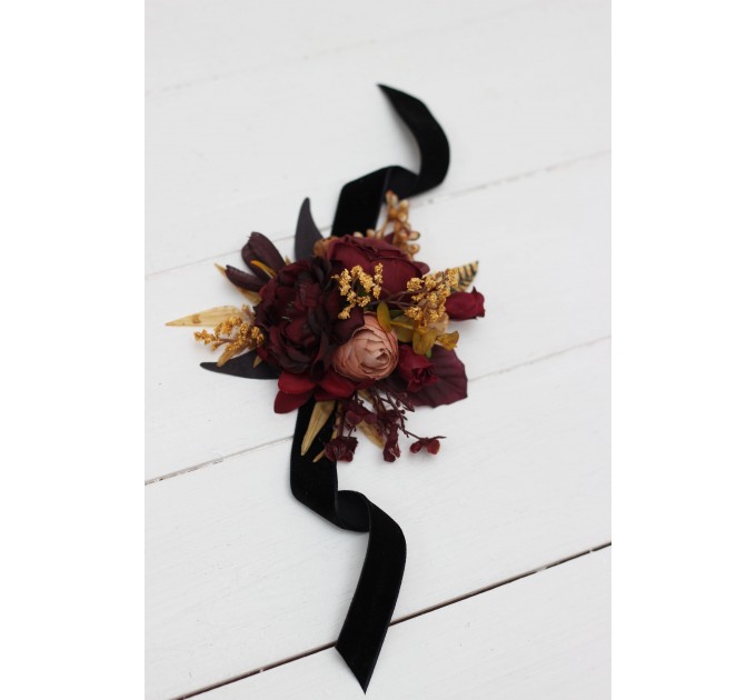 Wedding Boutonnieres & Wrist Corsage in Purple, Burgundy & Beige | Faux Flower Accessories