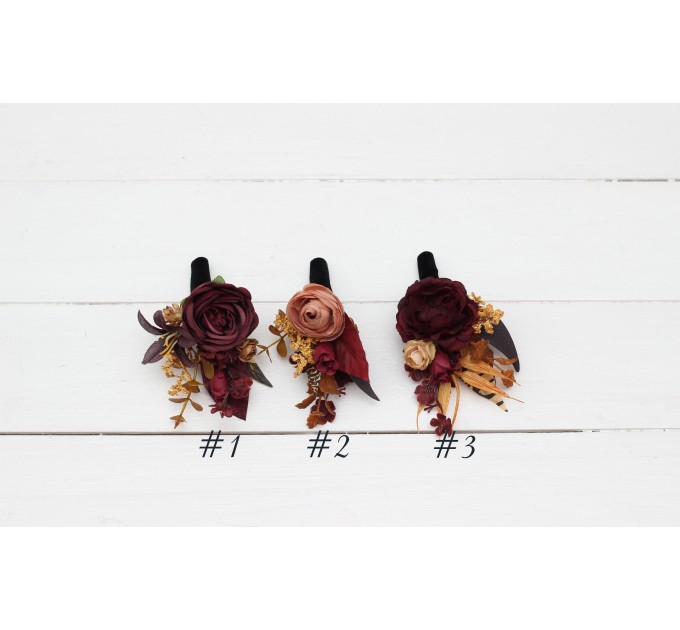 Wedding Boutonnieres & Wrist Corsage in Purple, Burgundy & Beige | Faux Flower Accessories
