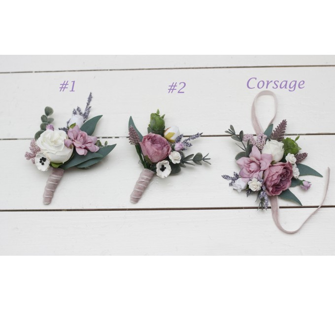 Wedding Boutonnieres & Wrist Corsage in Lilac, White & Mauve | Faux Flower Accessories
