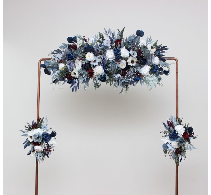 Flower Arch Arrangement in Dusty Blue, Navy Blue, Burgundy & White | Faux Floral Archway for Wedding